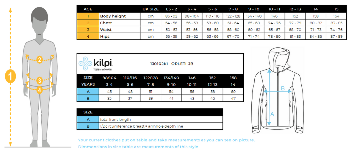 Boy's outdoor jacket Kilpi ORLETI-JB – Size chart