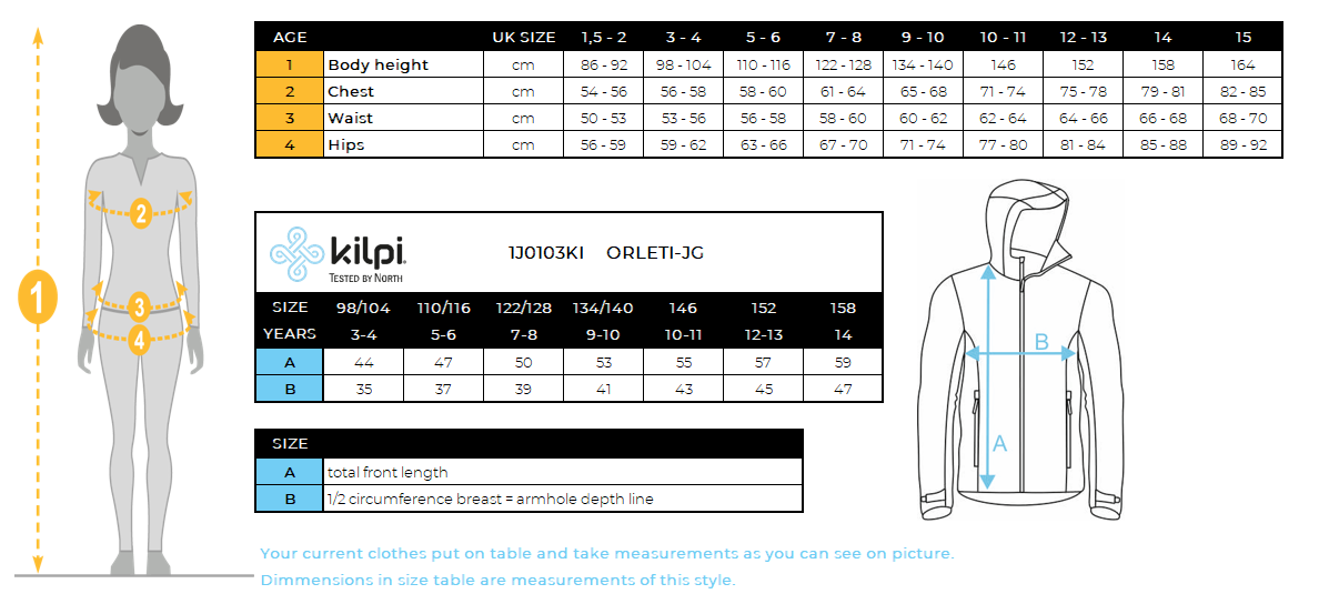 Girl's outdoor jacket Kilpi ORLETI-JG – Size chart
