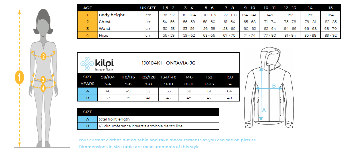 Girl's softshell jacket Kilpi ONTAVIA-JG – Size chart