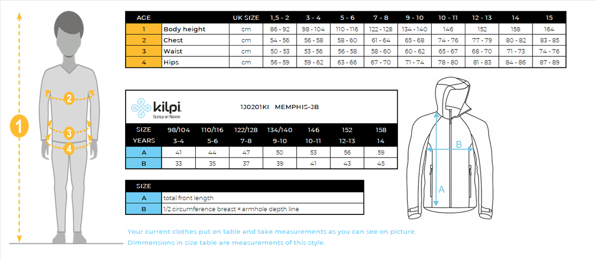 Felpa funzionale da ragazzo Kilpi MEMPHIS-JB – Size chart