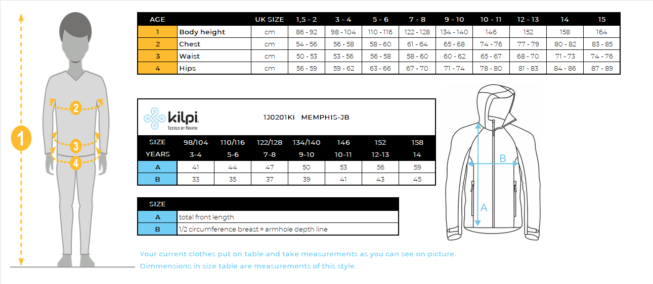 Felpa funzionale da ragazzo Kilpi MEMPHIS-JB – Size chart