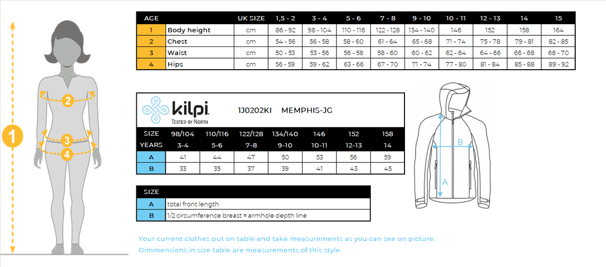 Felpa funzionale da ragazza Kilpi MEMPHIS-JG – Size chart