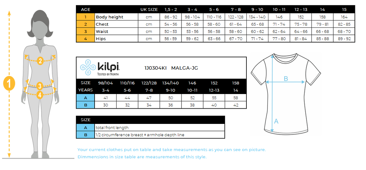 T-shirt in cotone da bambina Kilpi MALGA-JG – Size chart