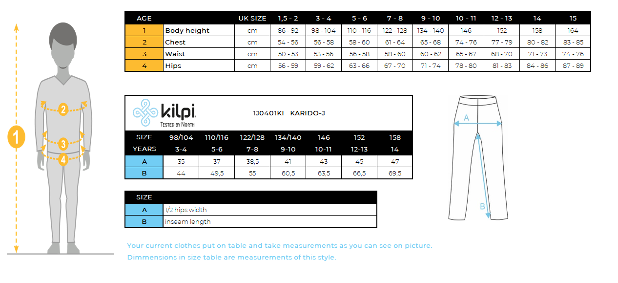 Pantaloni outdoor per bambini Kilpi KARIDO-J – Size chart