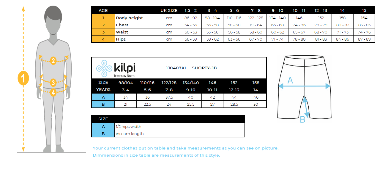Pantaloncini da ragazzo Kilpi SHORTY-JB – Size chart