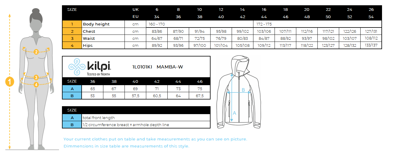 DONNALa giacca impermeabile hardshell di Kilpi MAMBA-W – Size chart