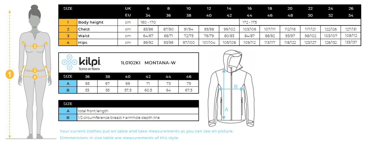 DONNAla giacca a membrana Kilpi MONTANA-W – Size chart
