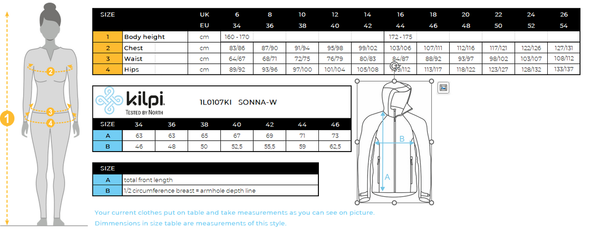 Women's outdoor jacket Kilpi SONNA-W – Size chart