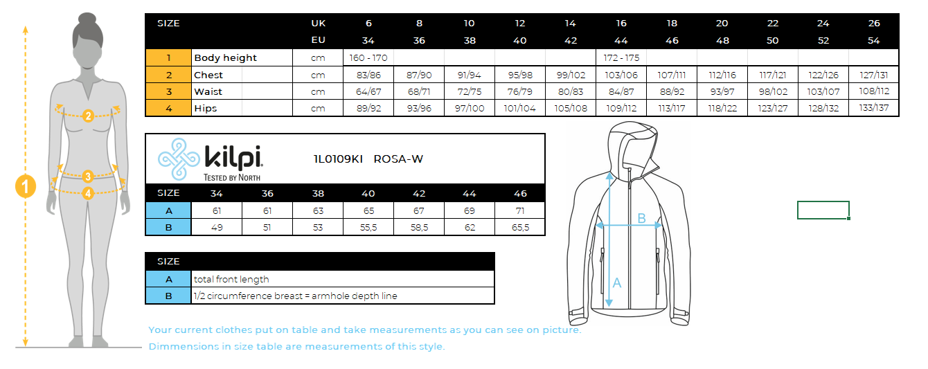 DONNAla giacca antivento leggera di Kilpi ROSA-W – Size chart