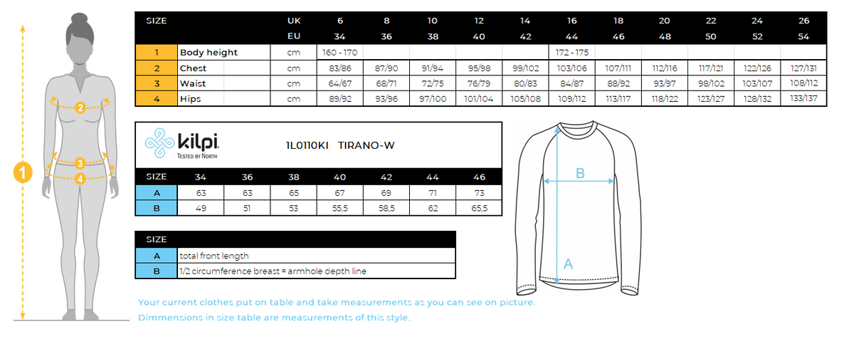 DONNAla giacca da corsa Kilpi TIRANO-W – Size chart