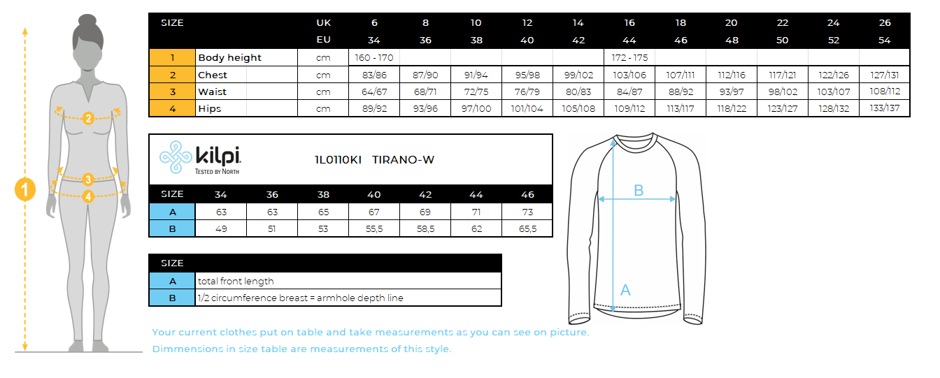 DONNAla giacca da corsa Kilpi TIRANO-W – Size chart