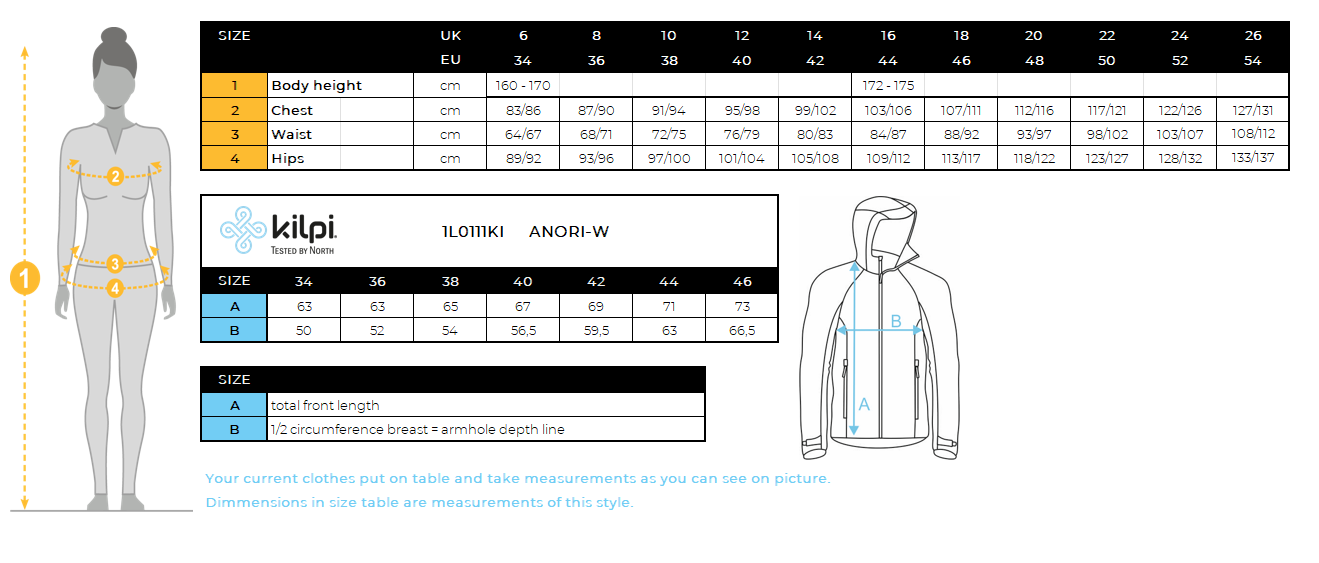 Women's ultralight running jacket Kilpi ANORI-W – Size chart