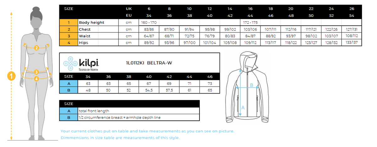 DONNAla giacca softshell di Kilpi BELTRA-W – Size chart