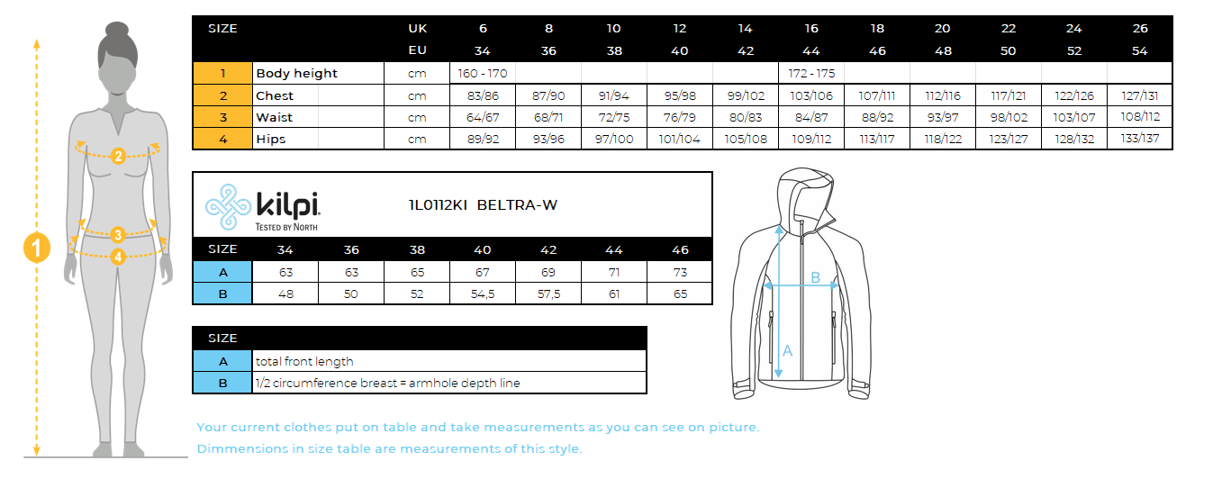 DONNAla giacca softshell di Kilpi BELTRA-W – Size chart
