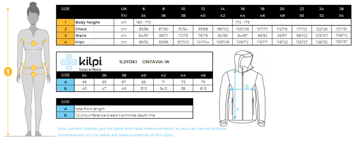 DONNAla giacca softshell di Kilpi ONTAVIA-W – Size chart