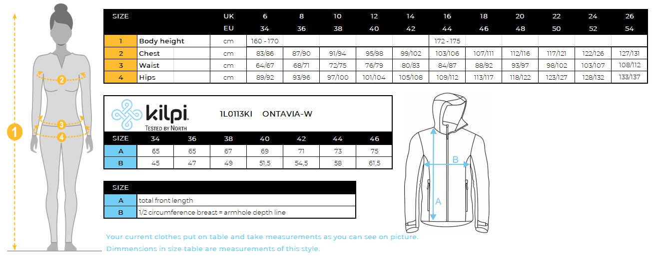 DONNAla giacca softshell di Kilpi ONTAVIA-W – Size chart