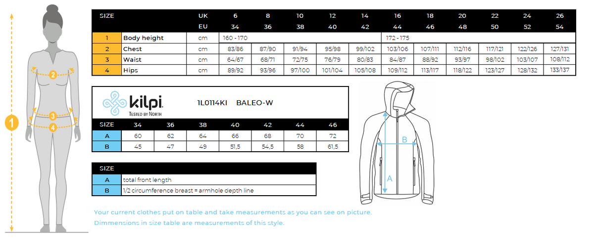 Women's softshell running jacket Kilpi BALEO-W – Size chart