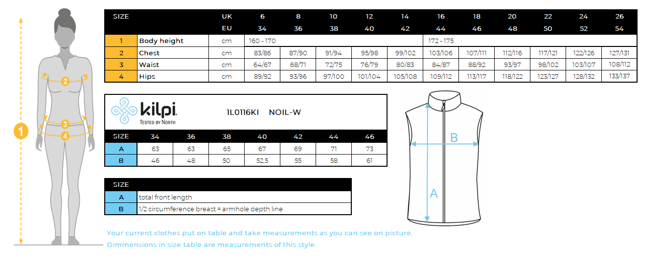 Women's softshell vest Kilpi NOIL-W – Size chart