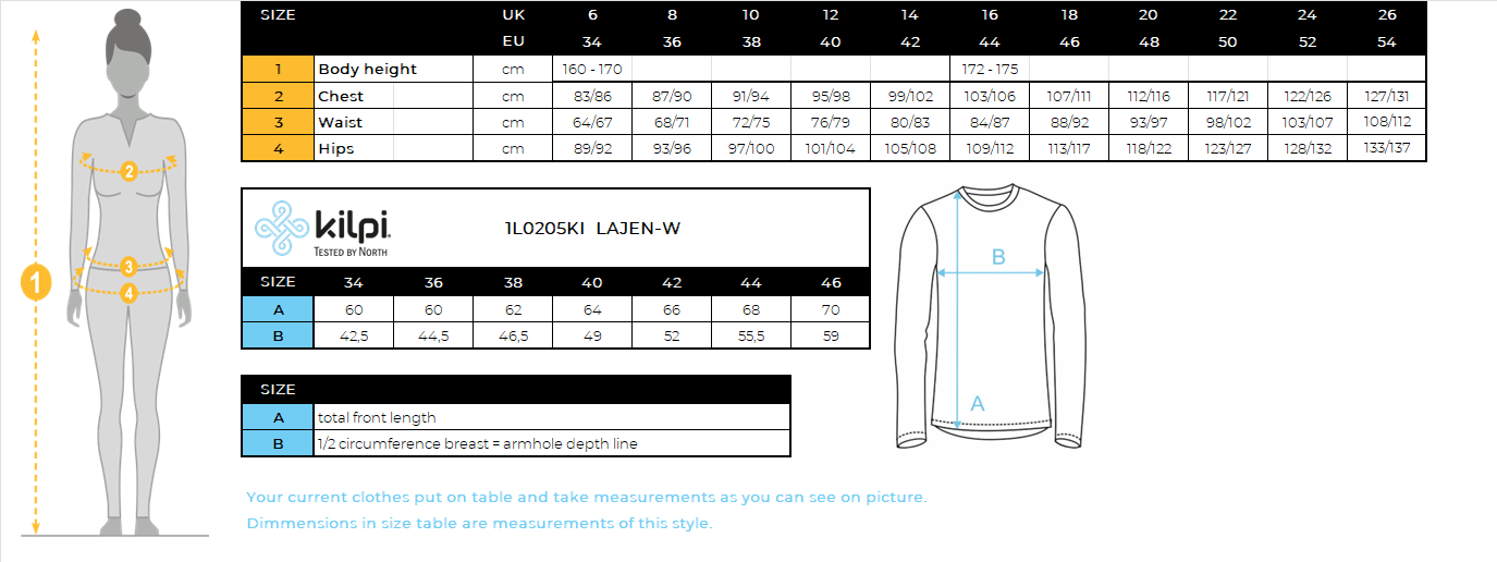 Women's sporty middle layer Kilpi LAJEN-W – Size chart