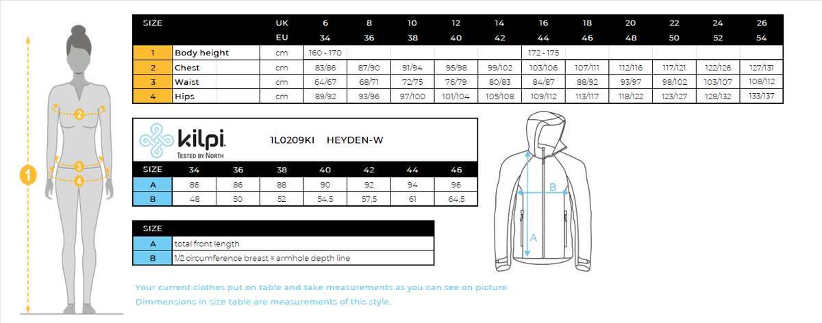 DONNALa felpa lunga con cappuccio Kilpi HEYDEN-W – Size chart