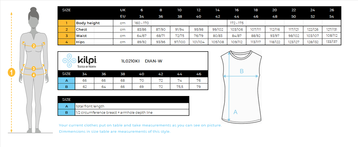 DONNAla felpa con cappuccio Kilpi DIAN-W – Size chart