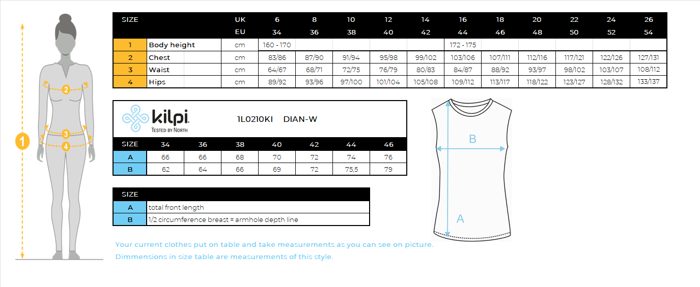 DONNAla felpa con cappuccio Kilpi DIAN-W – Size chart