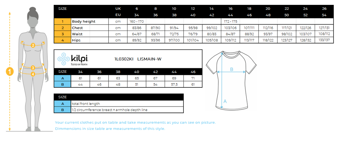 Women's technical T-shirt Kilpi LISMAIN-W – Size chart