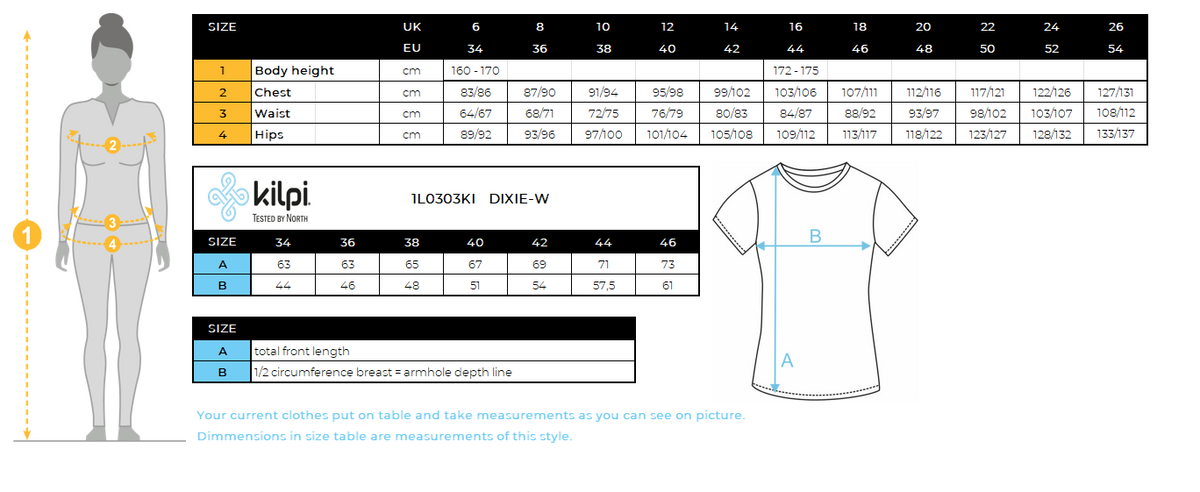 Women's T-shirt Kilpi DIXIE-W – Size chart