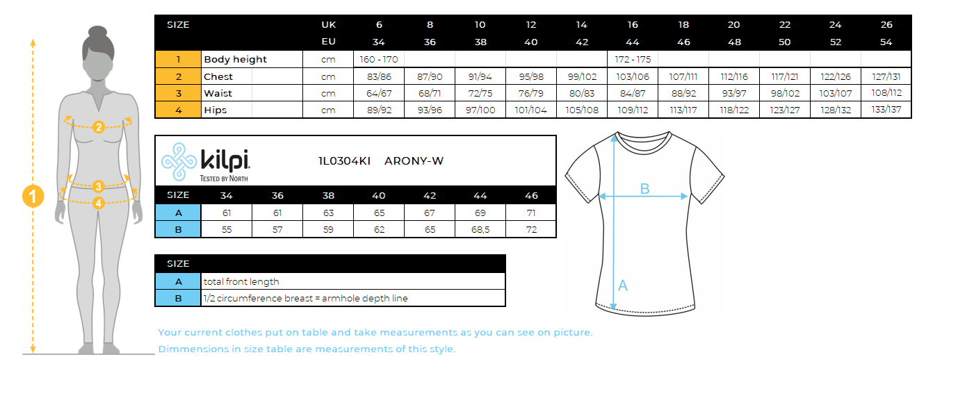 Women's functional T-shirt Kilpi ARONY-W – Size chart
