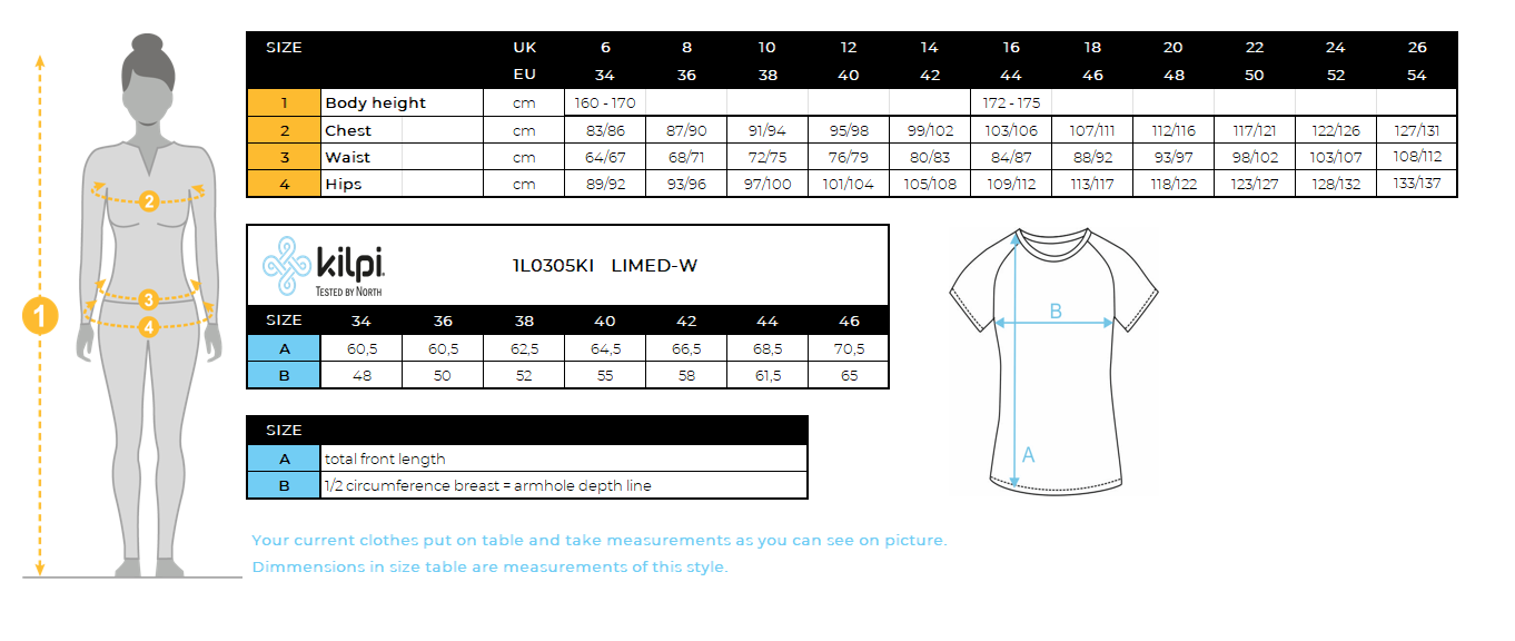 Women's technical T-shirt Kilpi LIMED-W – Size chart