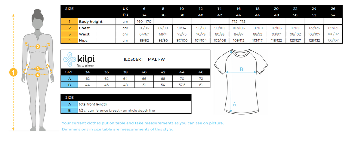 DONNALa maglietta funzionale di Kilpi MALI-W – Size chart