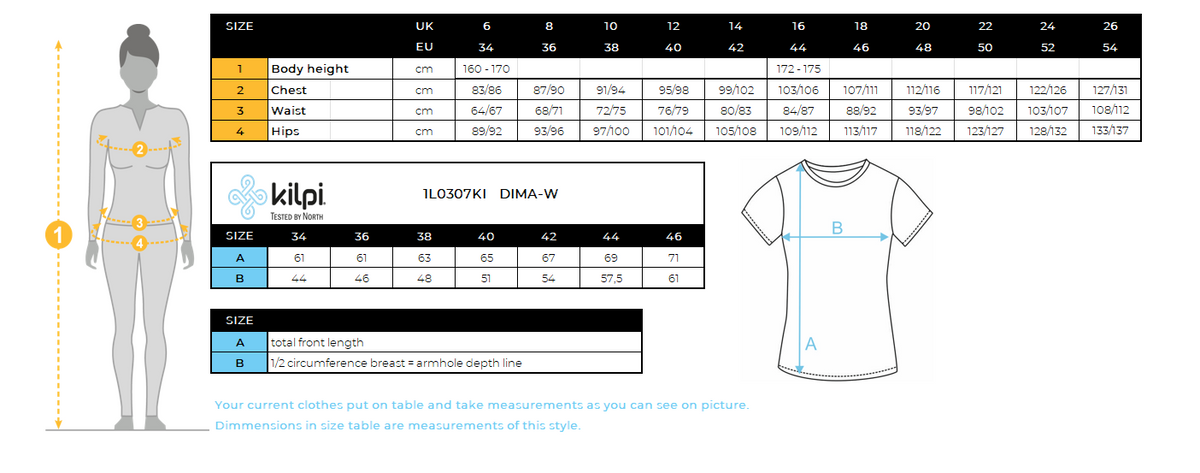 DONNALa maglietta funzionale di Kilpi DIMA-W – Size chart