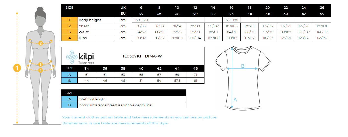 DONNALa maglietta funzionale di Kilpi DIMA-W – Size chart