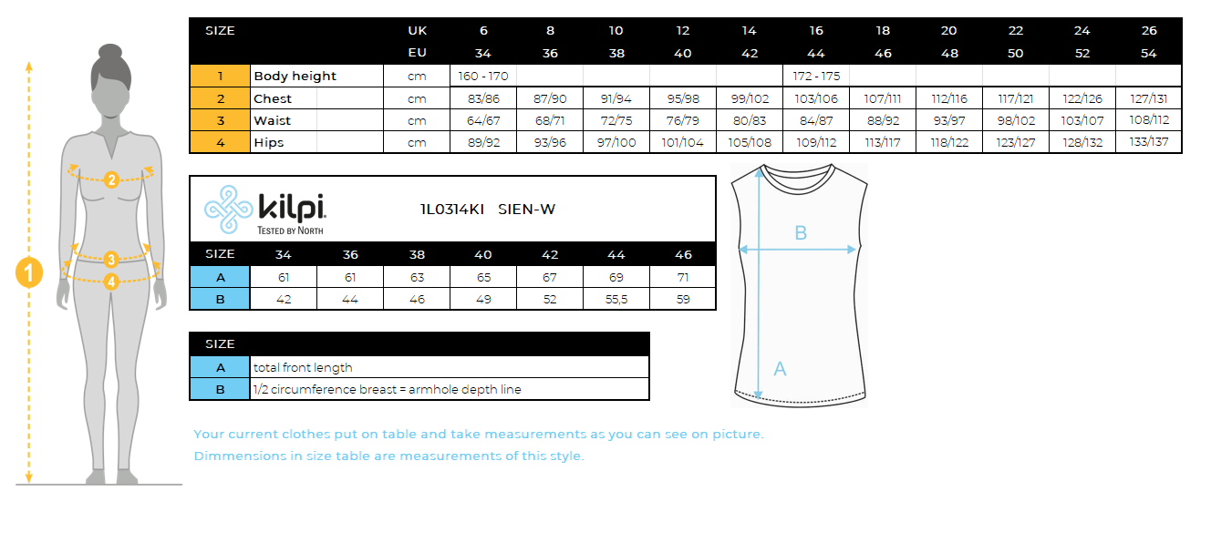 Women's runnin top Kilpi SIEN-W – Size chart