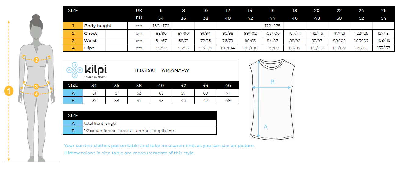 Women's technical top Kilpi ARIANA-W – Size chart