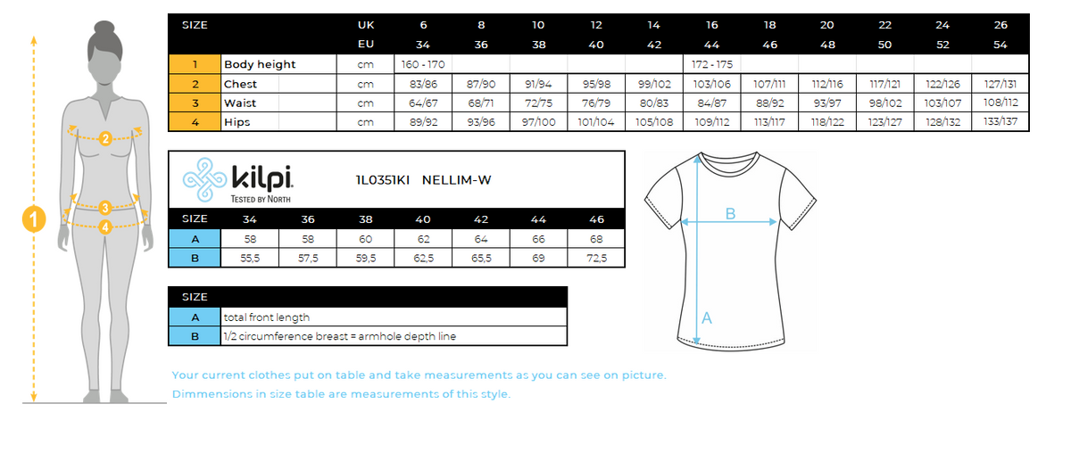 Women's cotton T-shirt Kilpi NELLIM-W – Size chart