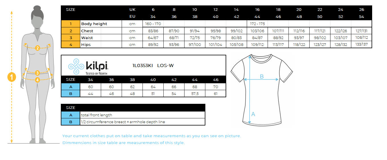 Women's cotton T-shirt Kilpi LOS-W – Size chart