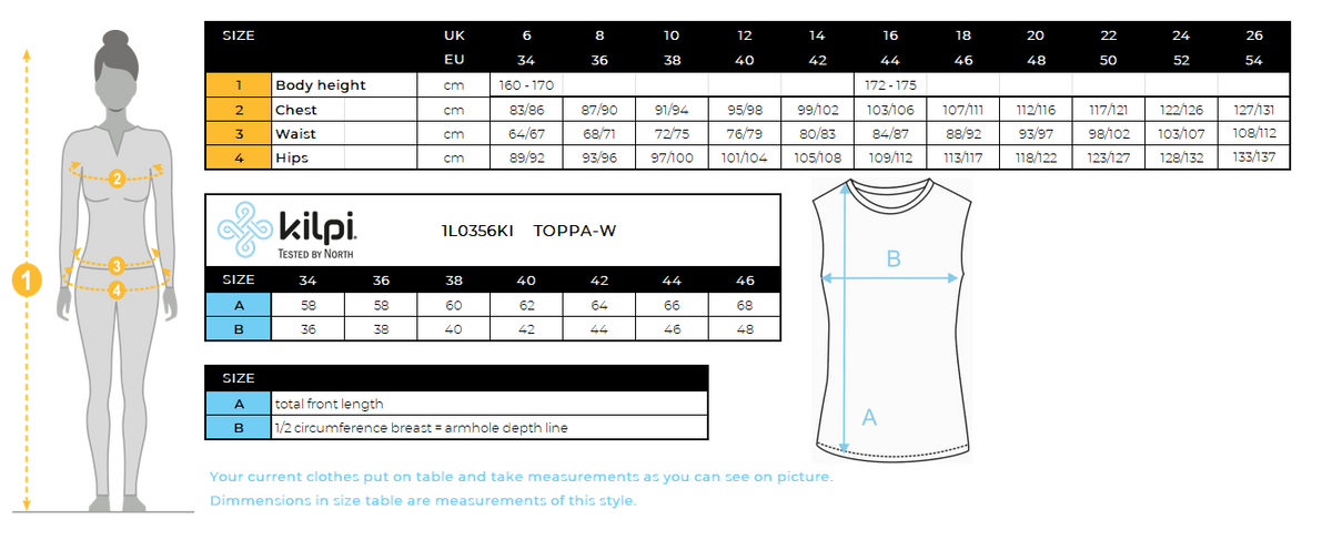 Women's cotton tank top Kilpi TOPPA-W – Size chart