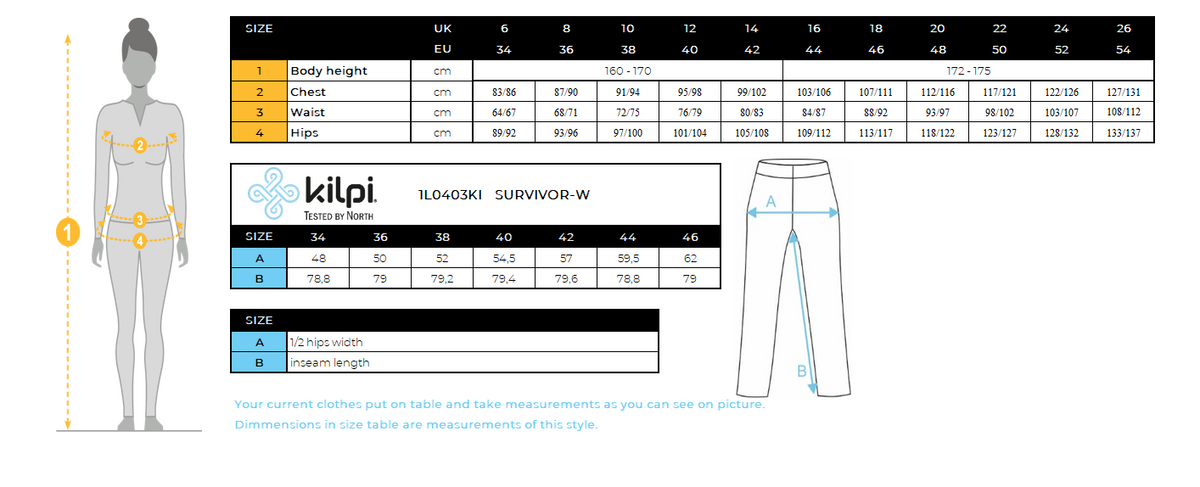 Women's outdoor pants Kilpi SURVIVOR-W – Size chart