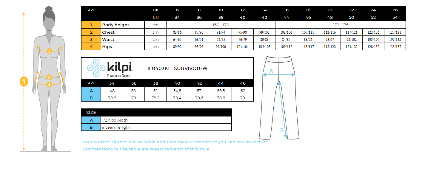 Women's outdoor pants Kilpi SURVIVOR-W – Size chart