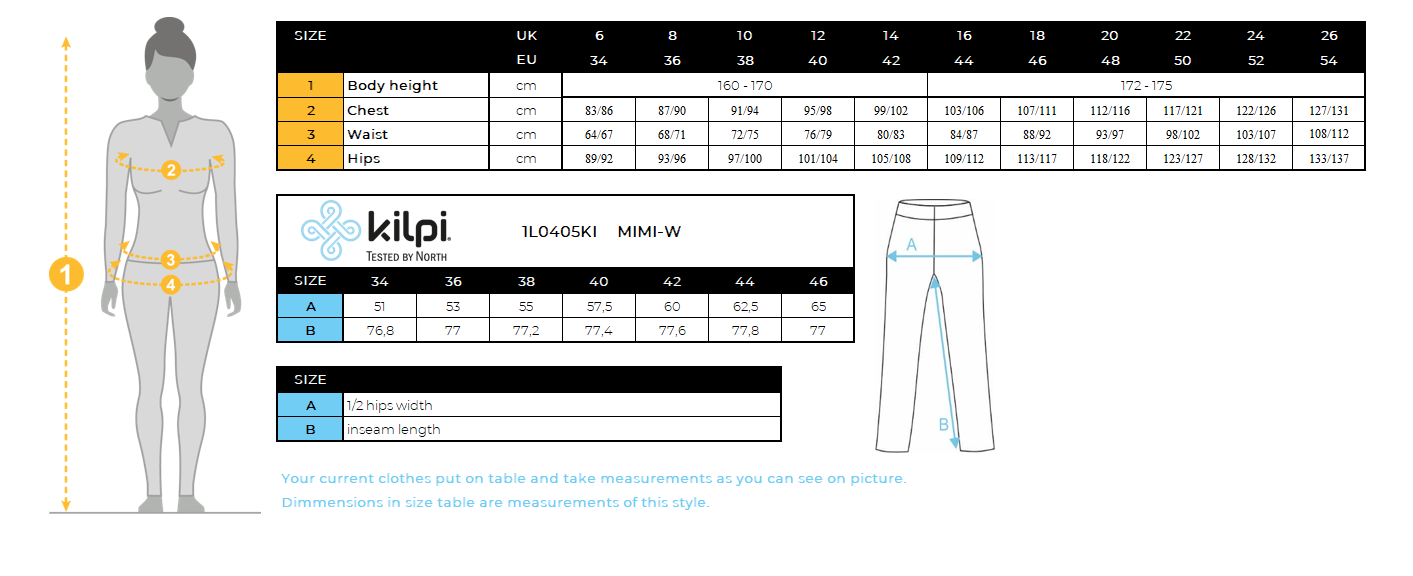 Women's outdoor pants Kilpi MIMI-W – Size chart