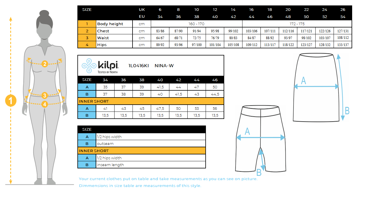 Practical outdoor skirt Kilpi NINA-W – Size chart
