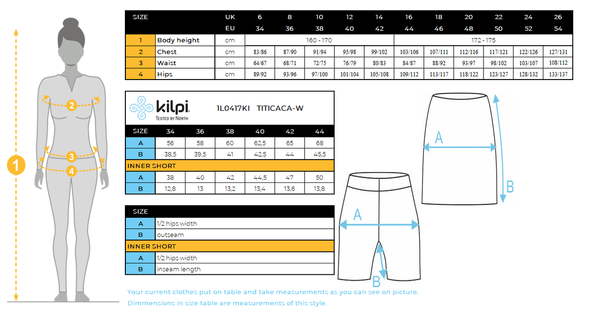 Women's running skirt Kilpi TITICACA-W – Size chart