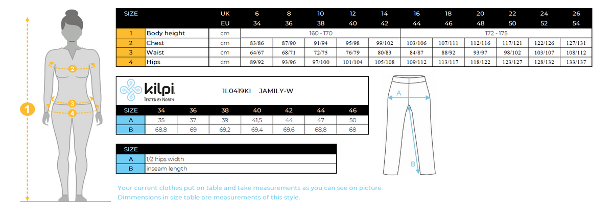 DONNAi leggings sportivi di Kilpi JAMILY-W – Size chart