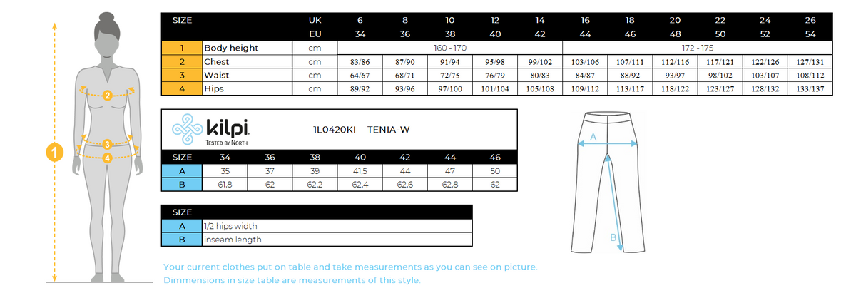 DONNAi leggings sportivi di Kilpi TENIA-W – Size chart