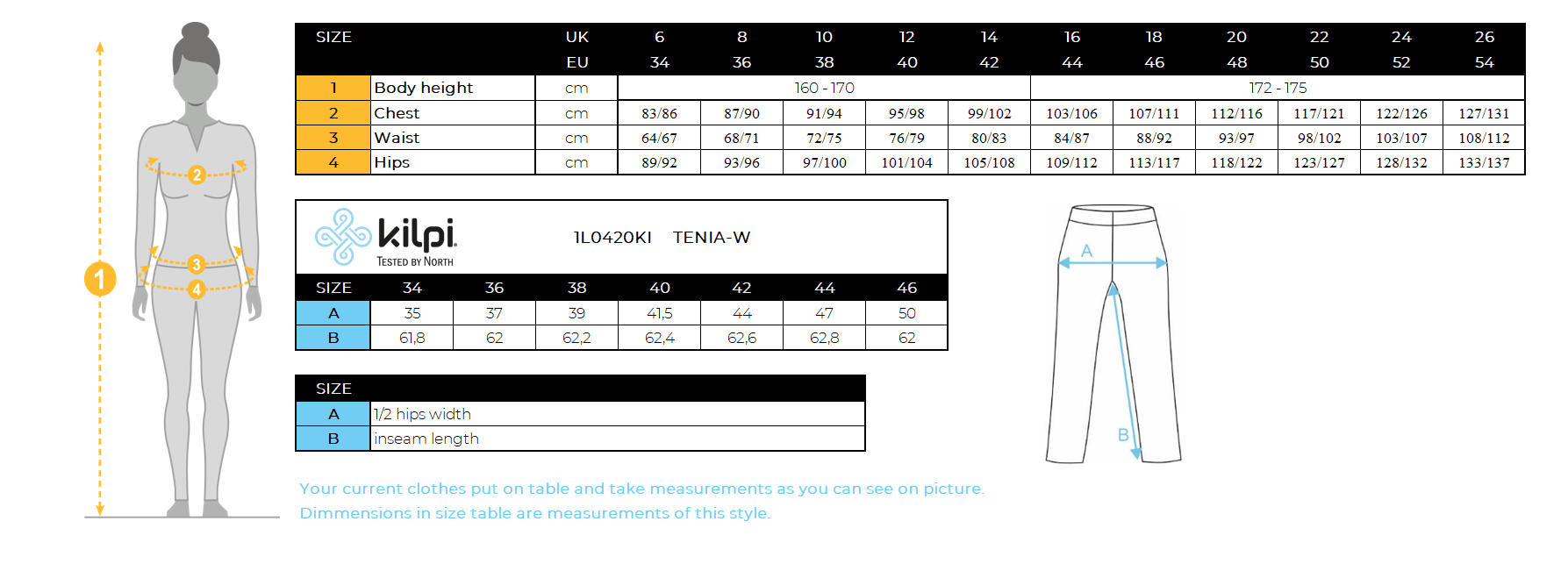 DONNAi leggings sportivi di Kilpi TENIA-W – Size chart