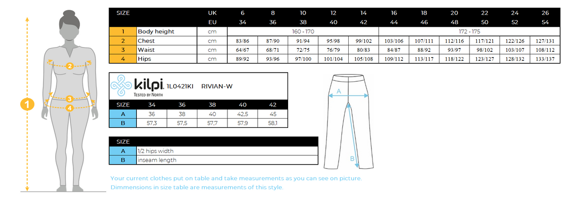 Women's fitness leggings Kilpi RIVIAN-W – Size chart