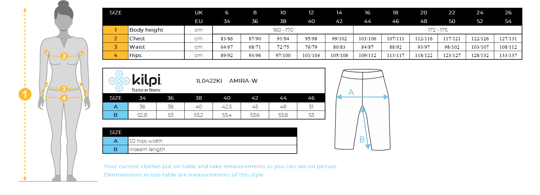 Women's 3/4 fitness leggings Kilpi AMIRA-W – Size chart
