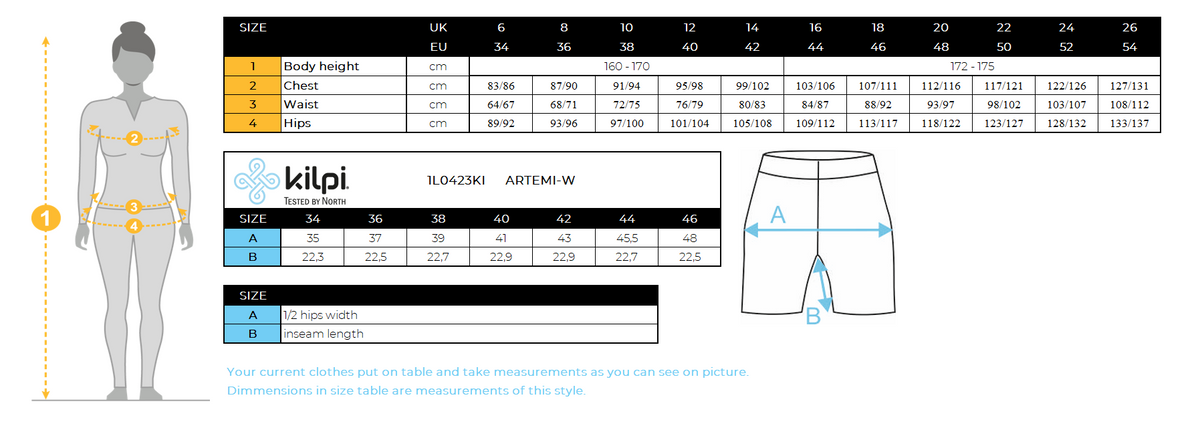 Women's short leggings Kilpi ARTEMI-W – Size chart