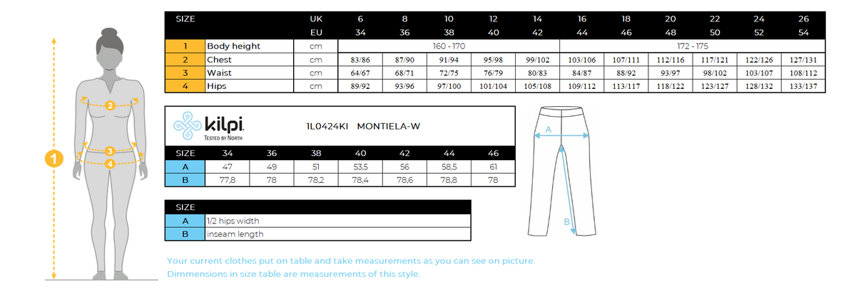 DONNAi pantaloni della tuta di cotone Kilpi MONTIELA-W – Size chart